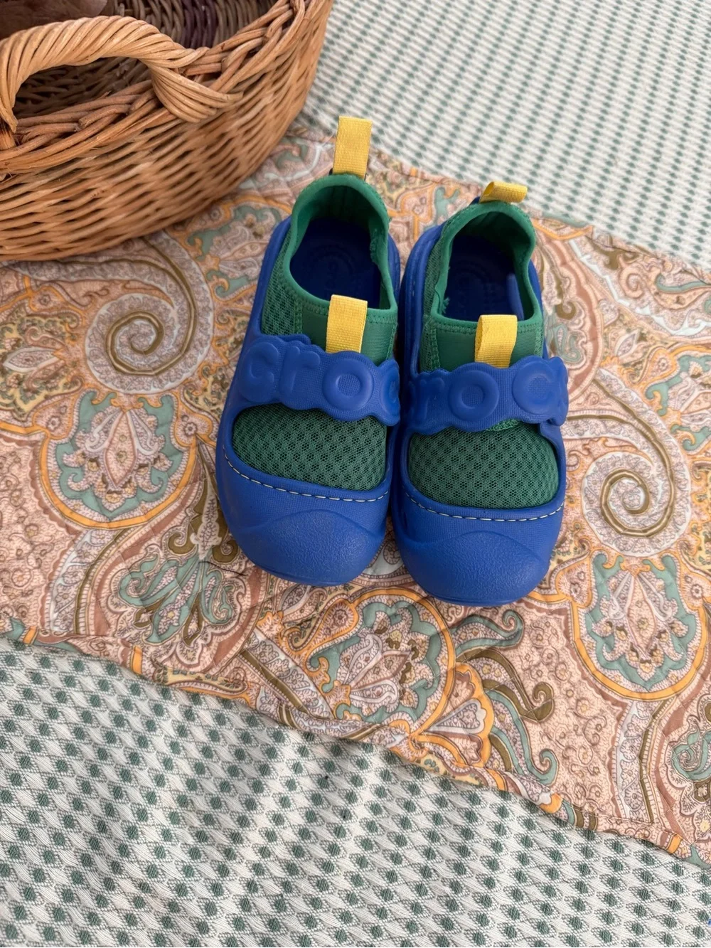 CROCS Kids Blue & Green Athletic Water Shoes with Yellow Pull Tabs Size 12